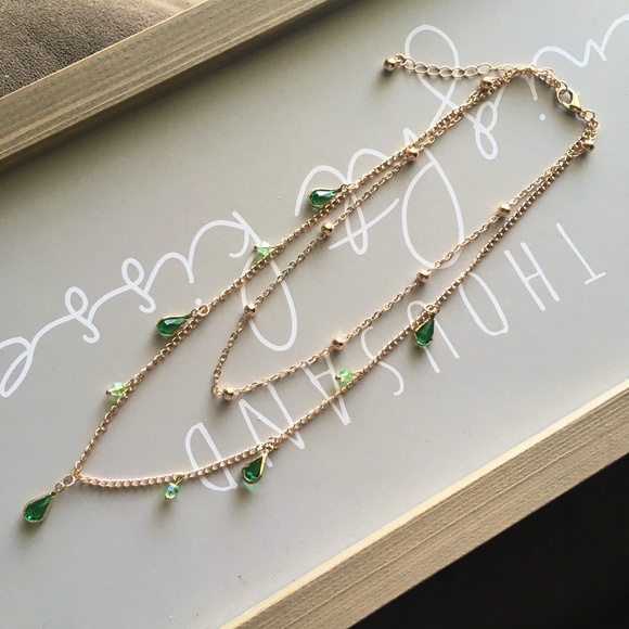 Water Drop Green Tear Shaped Layered Gold Necklace - Picture 7 of 7